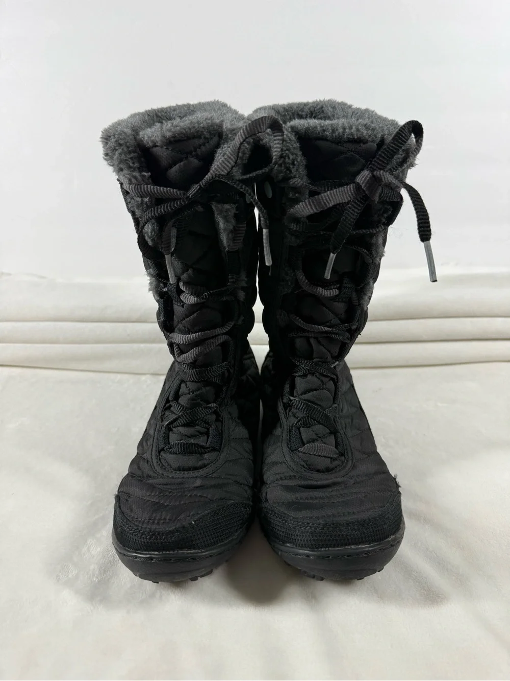 Girl’s Black Lace-Up Winter Snow Boots with Faux Fur Trim